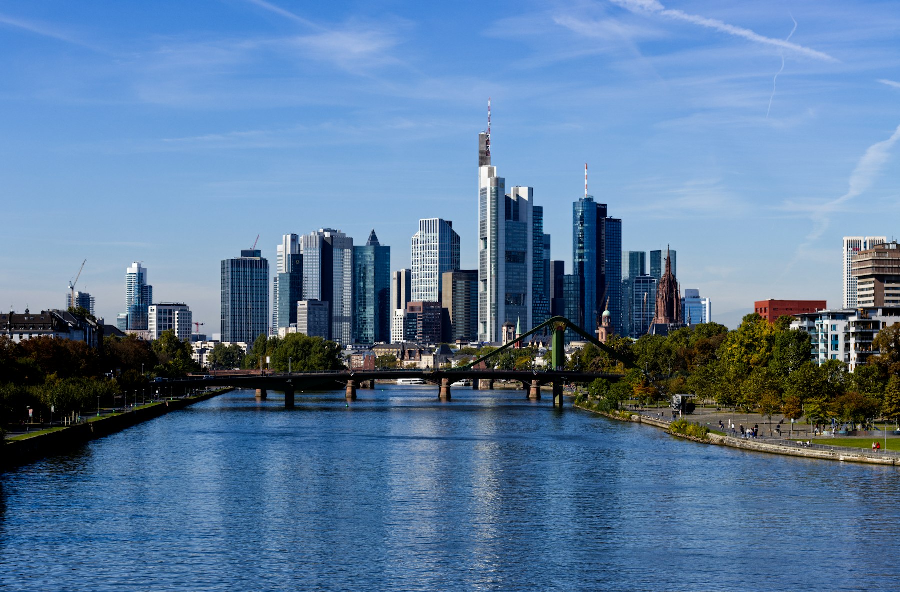 Skyline von Frankfurt am Main mit Main und Brücke